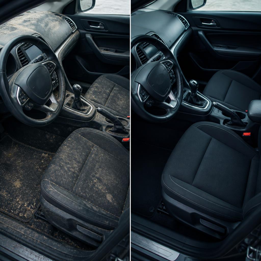 Interior detailing before and after — dusty cabin restored to spotless comfort